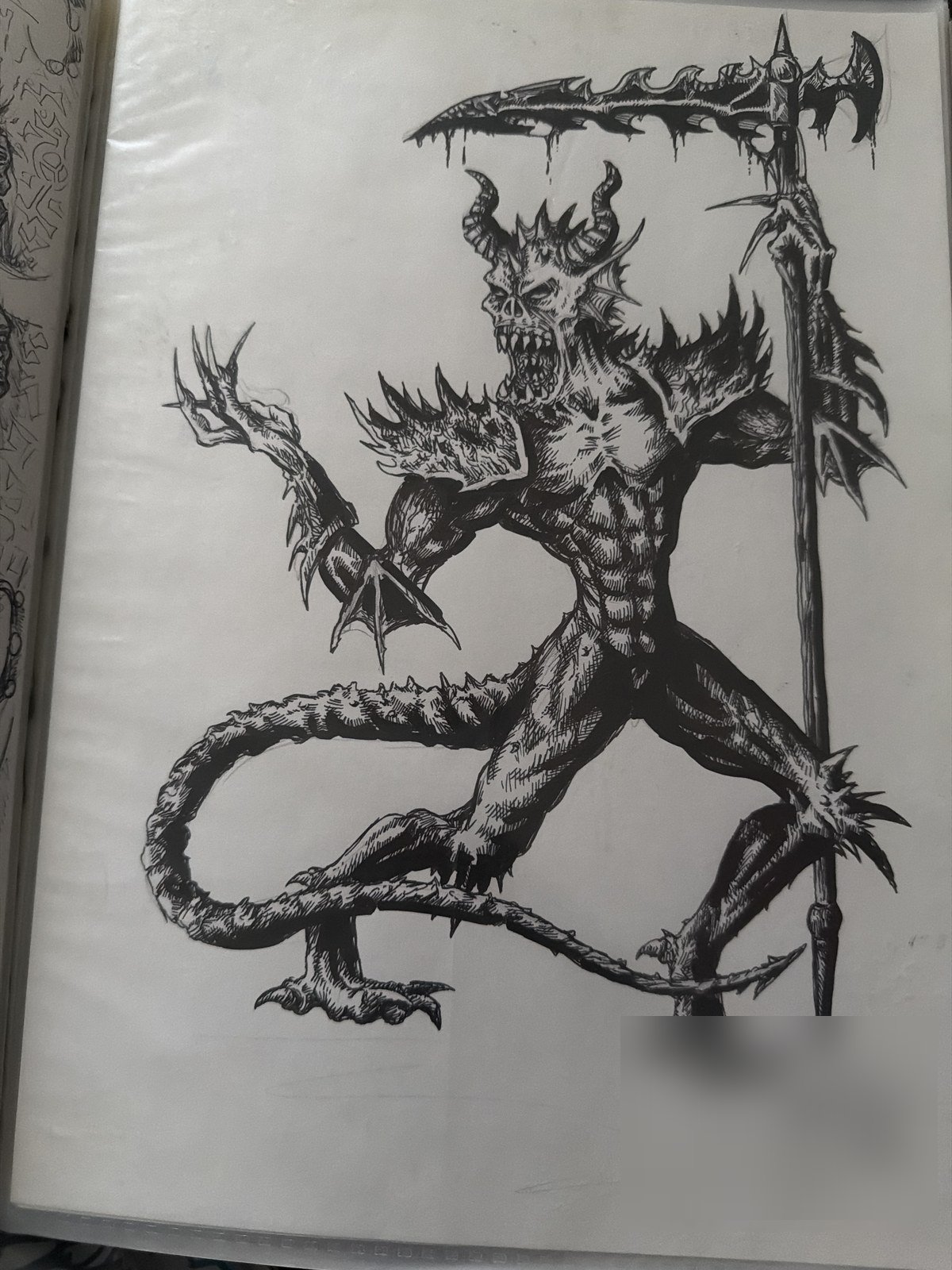 An ink drawing from the 1990s of a horned demon with a scythe. The artist's name is blurred.