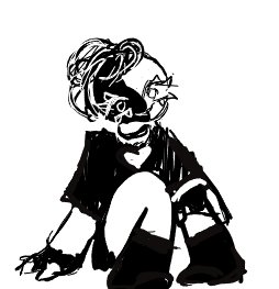 A black ink drawing of a girl sitting with messy hair, a dark top with a small white heart, and chunky boots.