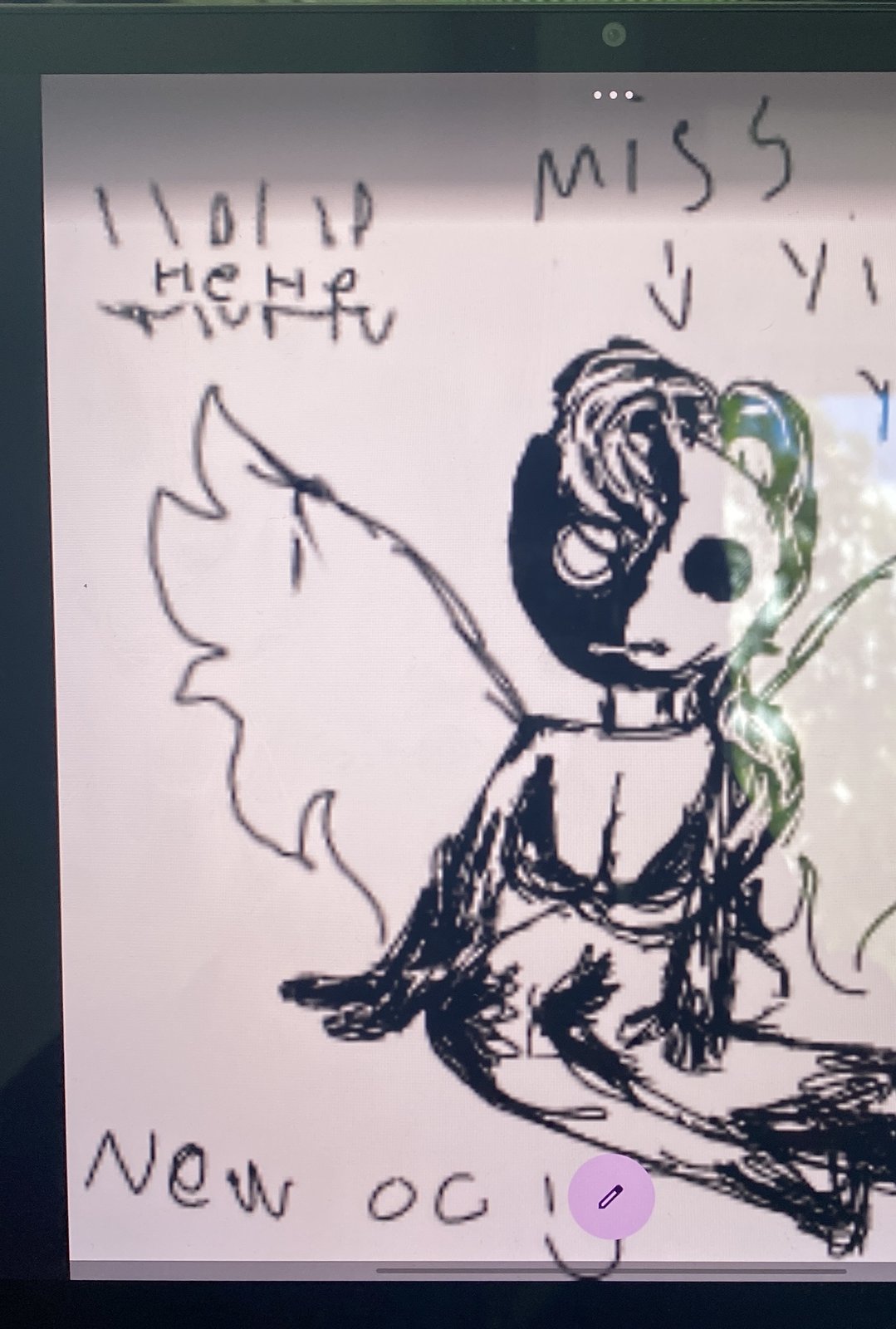 A drawing on a tablet screen of a character with half-black, half-white hair and big white wings, sitting down. It is labelled "Miss Ying Yang" and "New OC!".