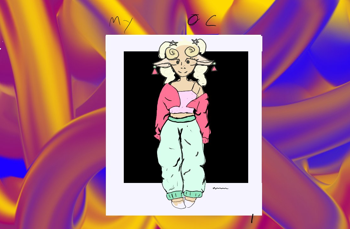 A polaroid-framed drawing labelled "My OC": a ram-horned girl in a pink cardigan and mint trousers, on a colourful swirly background.