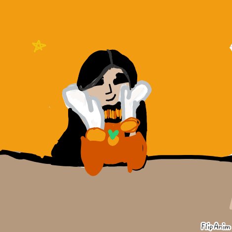 A FlipAnim drawing of a girl at a table with an orange bag, against a bright orange background with a yellow star.