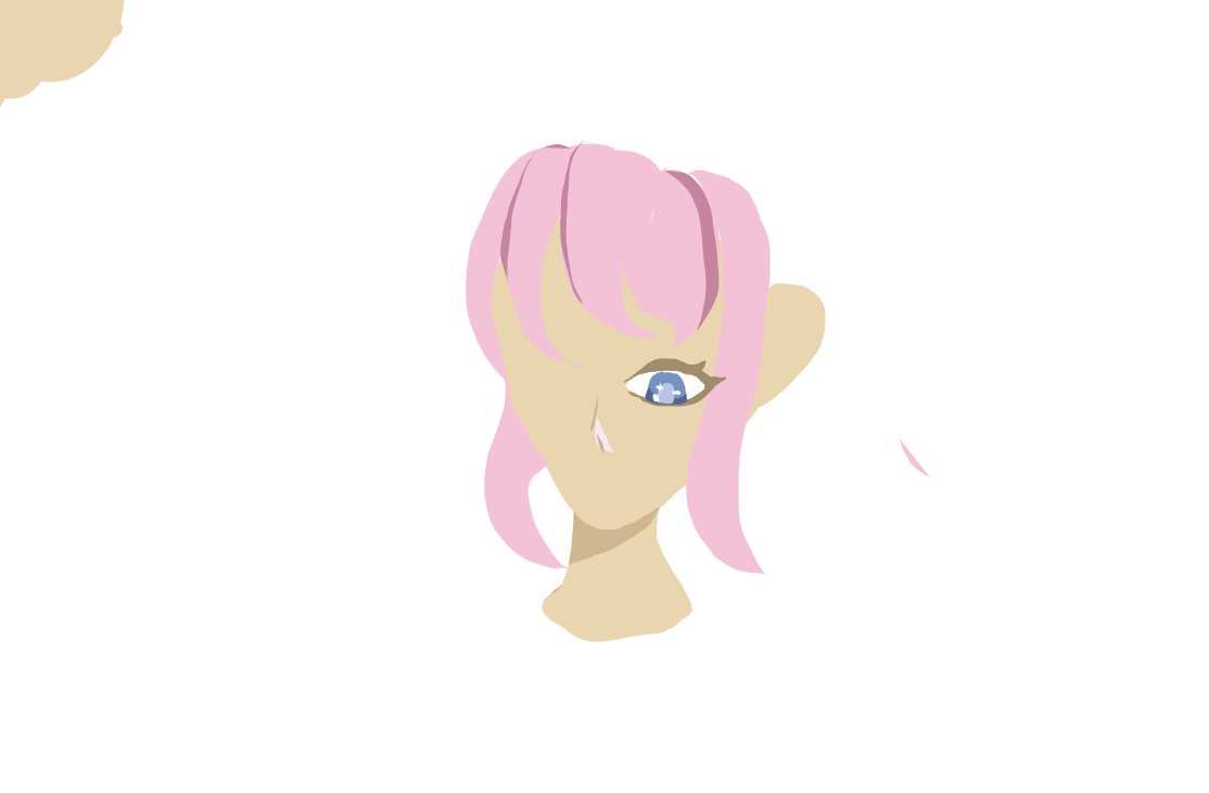 An unfinished digital head with soft pink hair and one blue eye drawn in, on a white background.