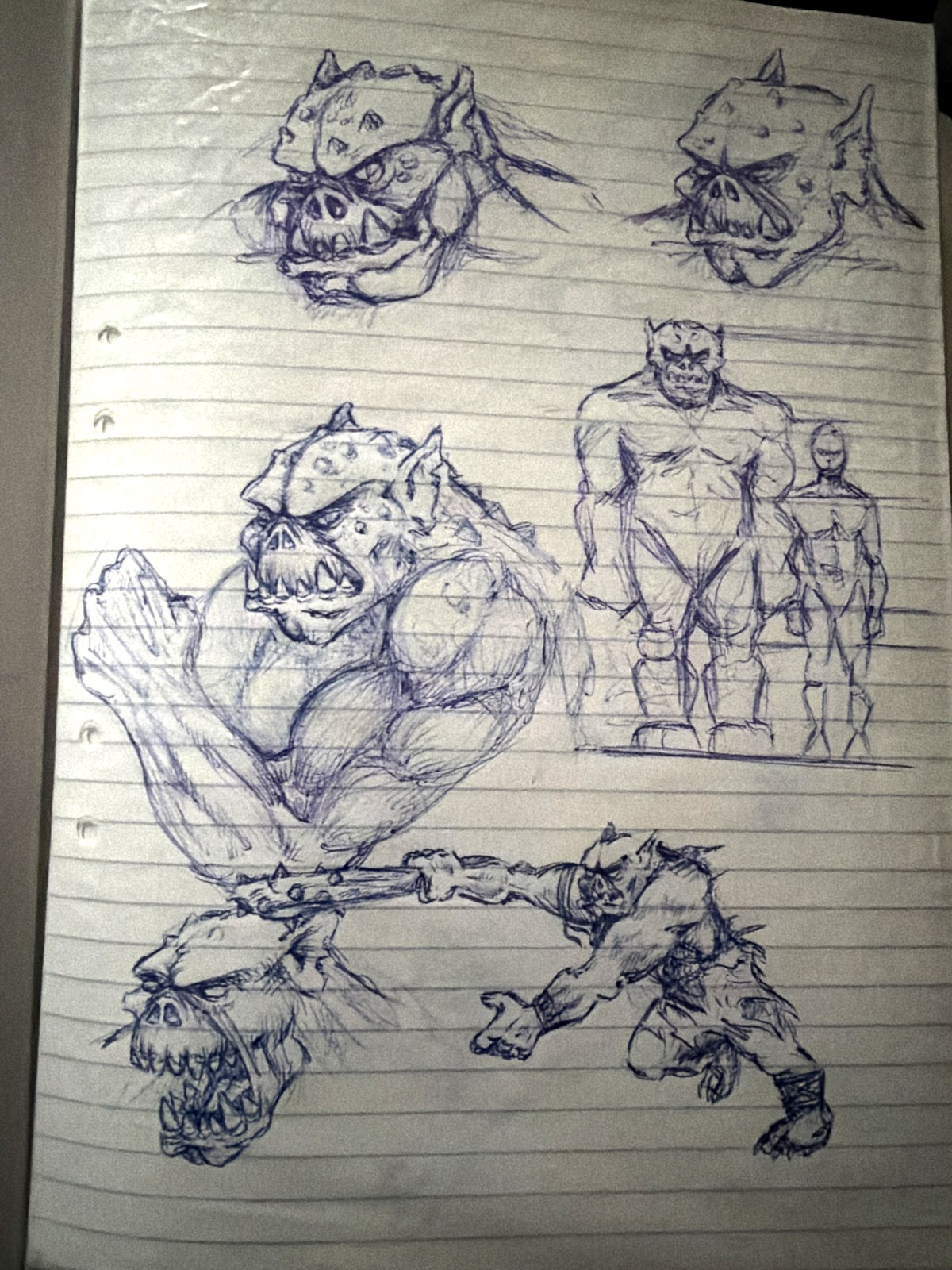 A blue ballpoint study page from the 1990s of a troll or orc on lined paper: heads, a full figure next to a human for scale, and one swinging a club.