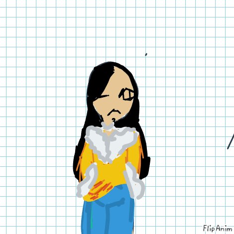 A FlipAnim drawing of a girl with long black hair in a yellow top with a fluffy white collar and a blue skirt, winking.